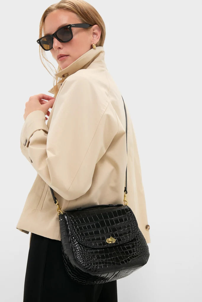 Clare V. Black Croco Turnlock Louis with Top Handle