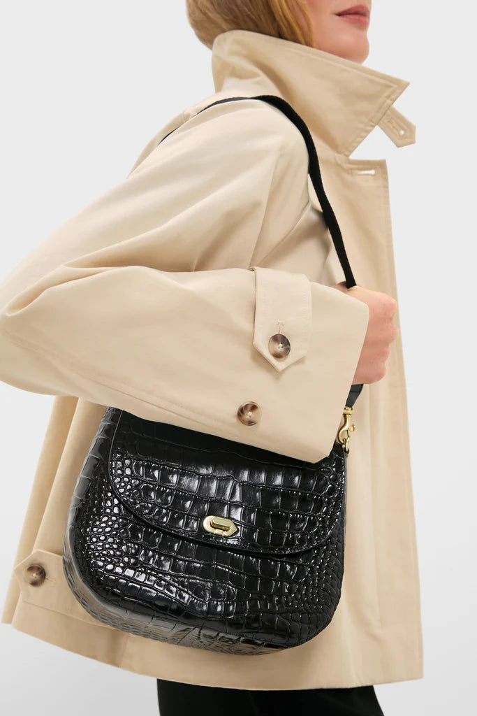 Clare V. Black Croco Turnlock Louis with Top Handle