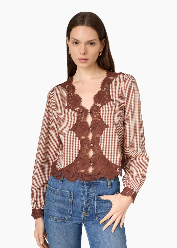 CAMI NYC YURI BLOUSE BROWN GINGHAM SOFT SILK-VISCOSE