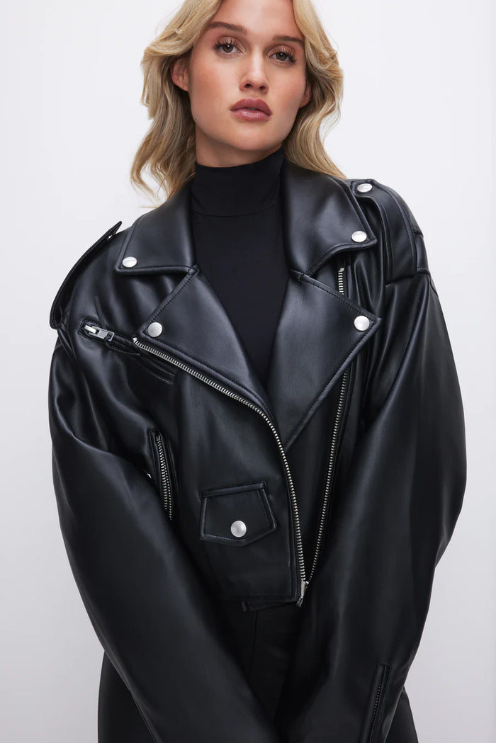 Good American CROPPED FAUX LEATHER MOTO JACKET Black