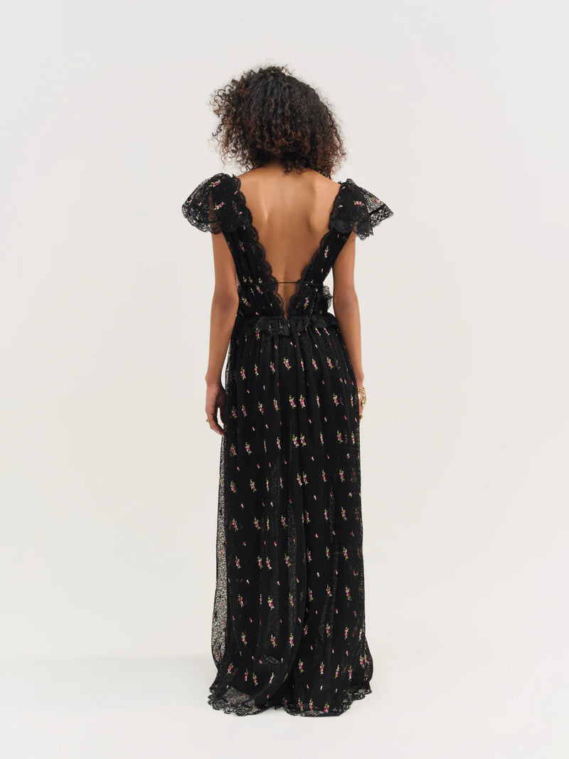 For Love & Lemons Poppy Pleated Lace Maxi Dress