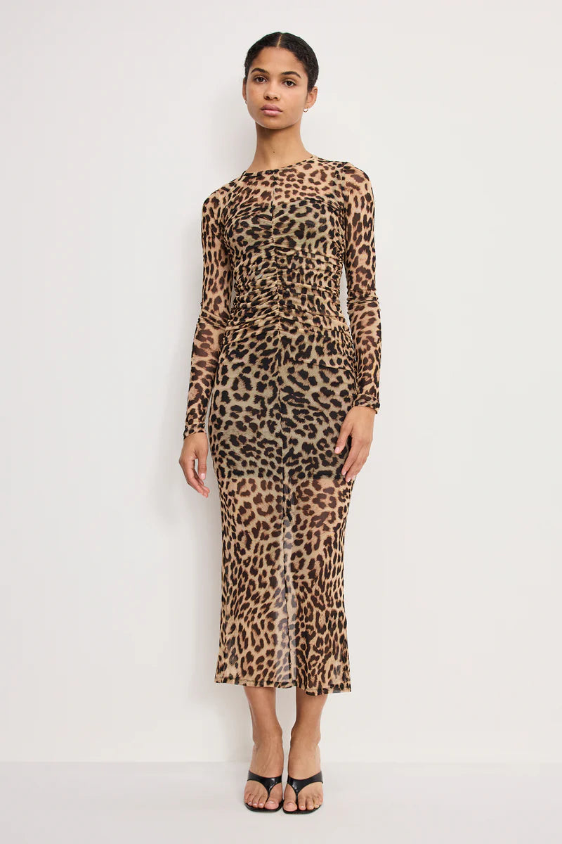 Good American Mesh Ruched Maxi Dress Lucky leopard001
