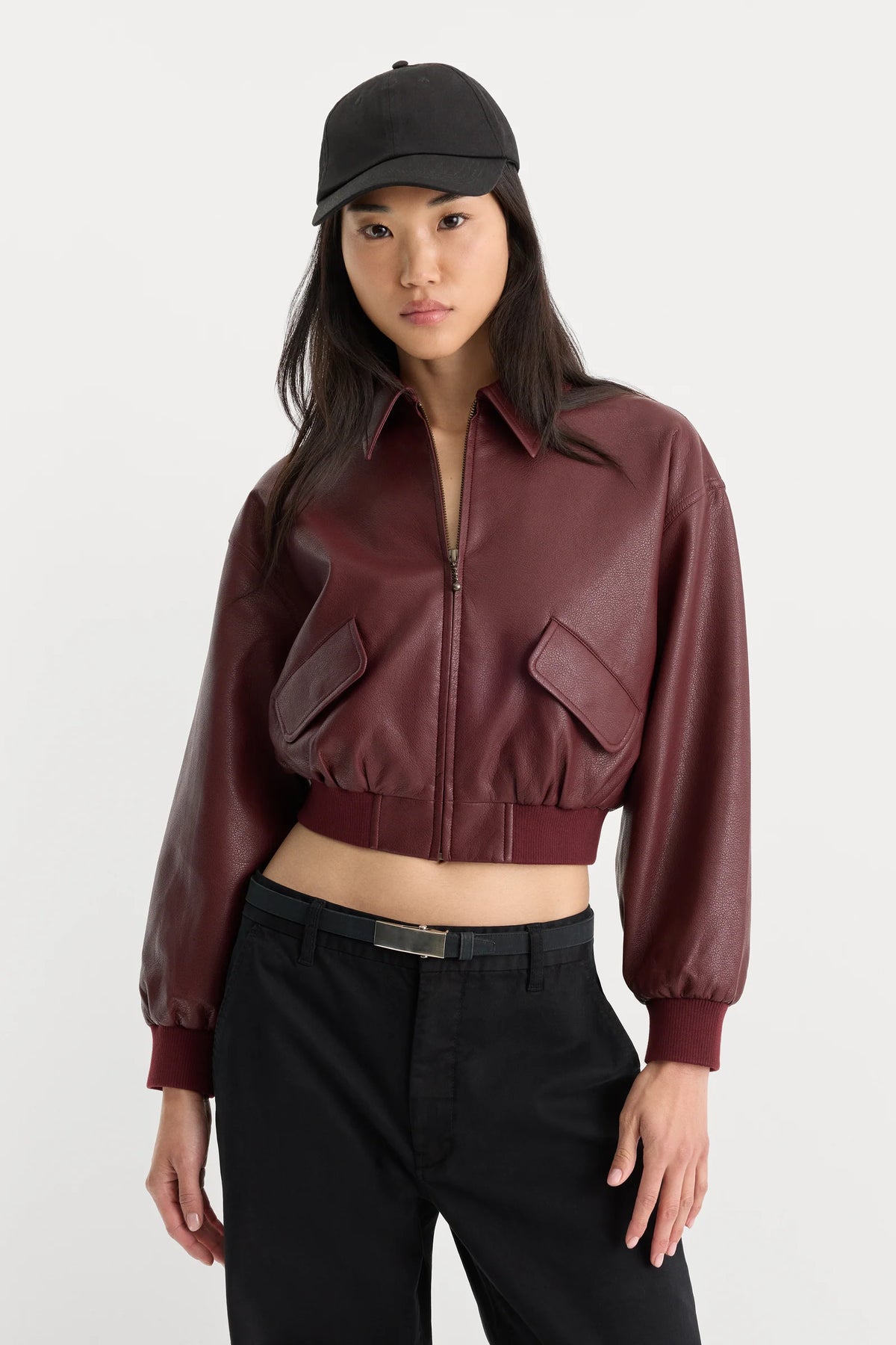 Good American The Better Than Leather Bomber Jacket Berry Noir