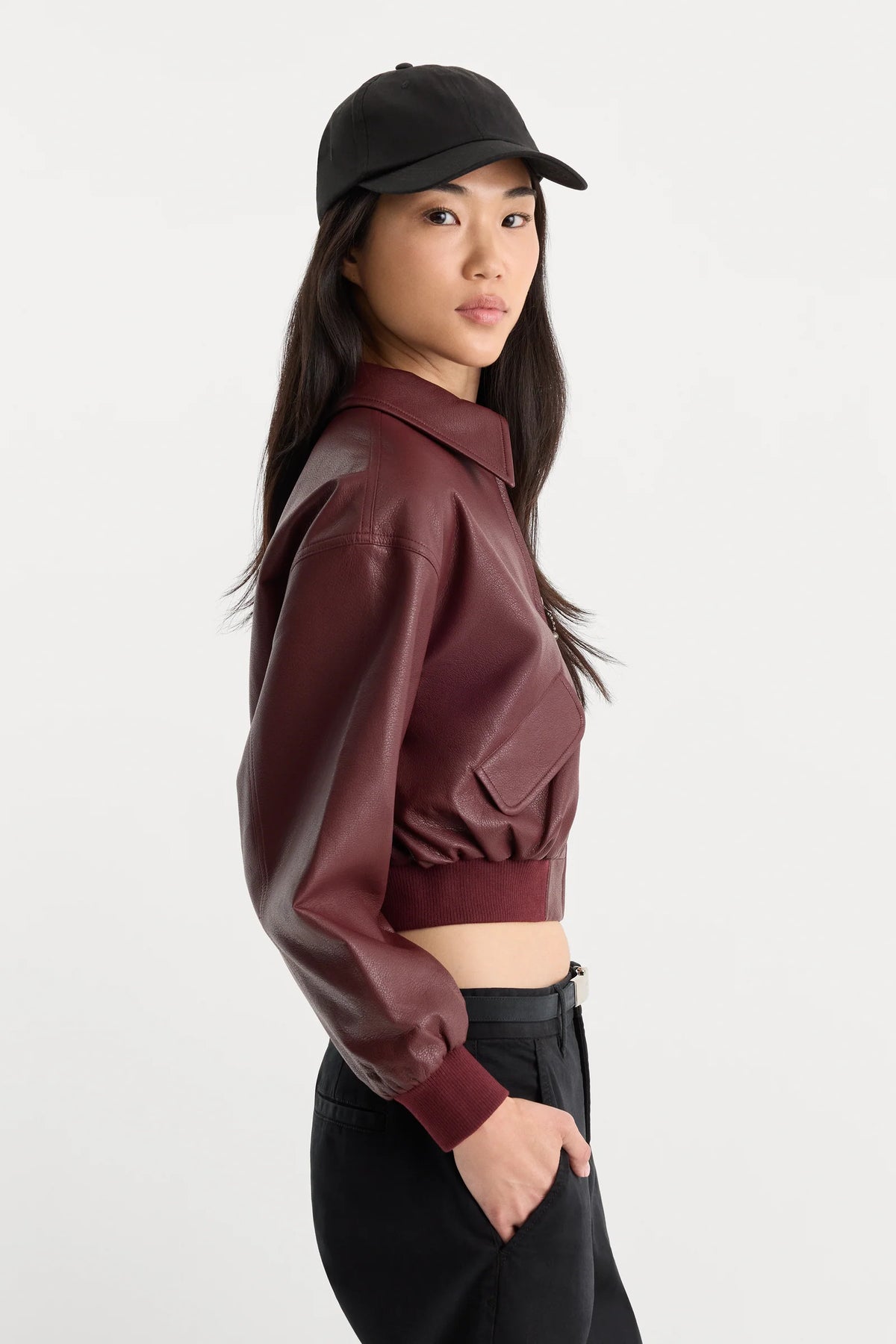 Good American The Better Than Leather Bomber Jacket Berry Noir
