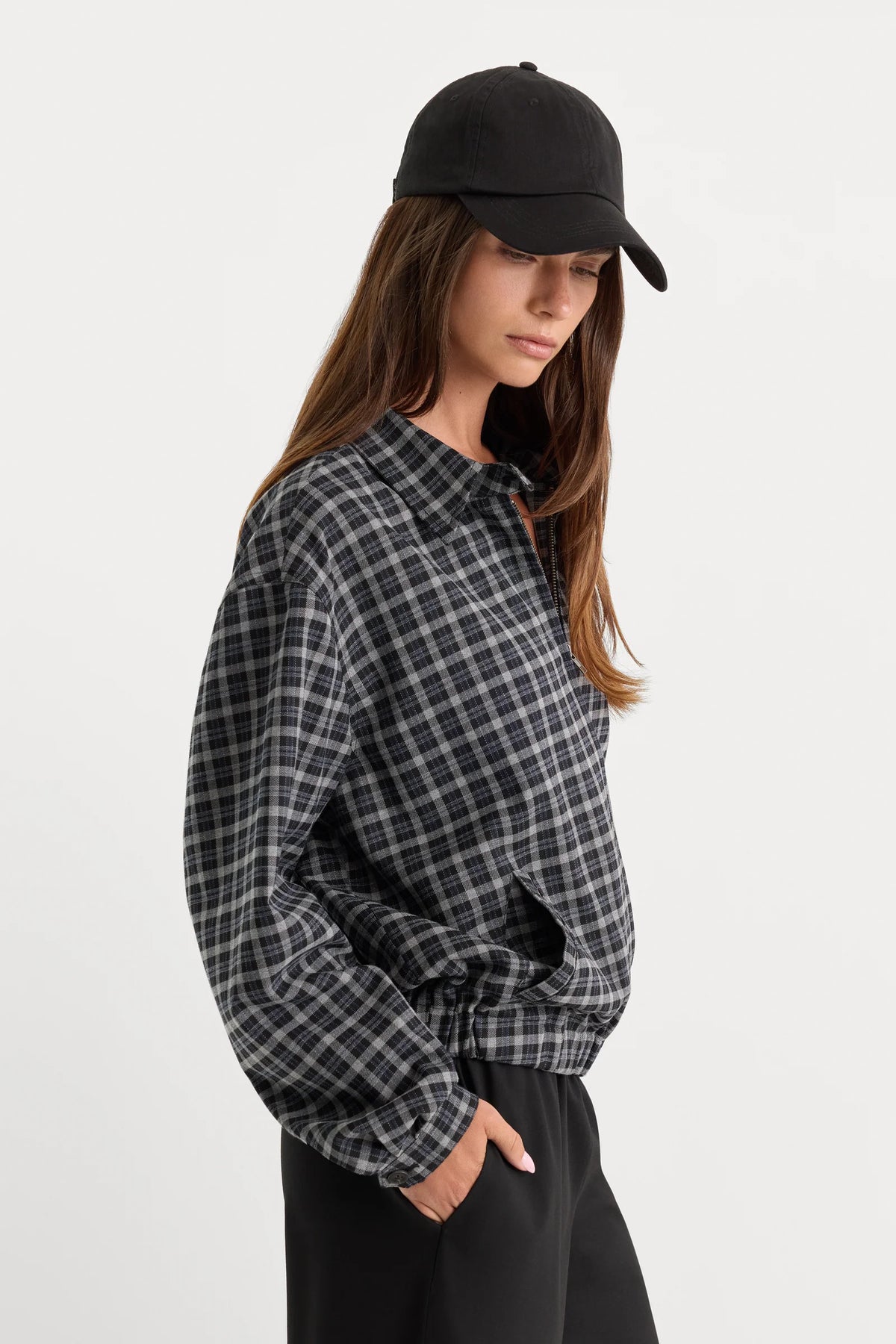 Good American The Lightweight Bomber Jacket Charcoal plaid