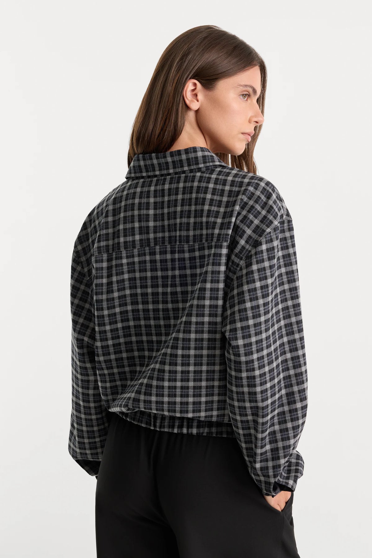 Good American The Lightweight Bomber Jacket Charcoal plaid