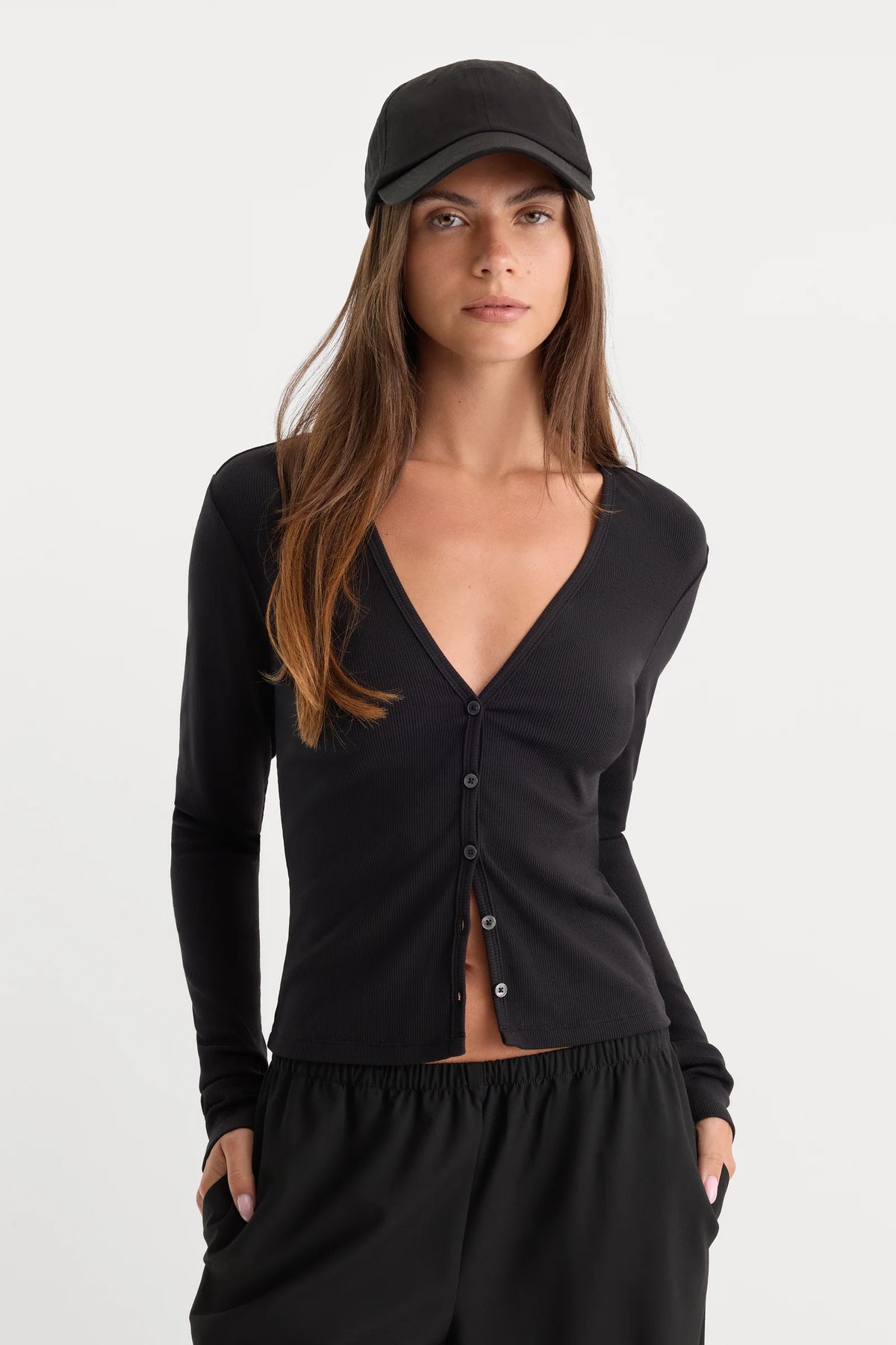 Good American The Rib V Neck Cardigan Black001