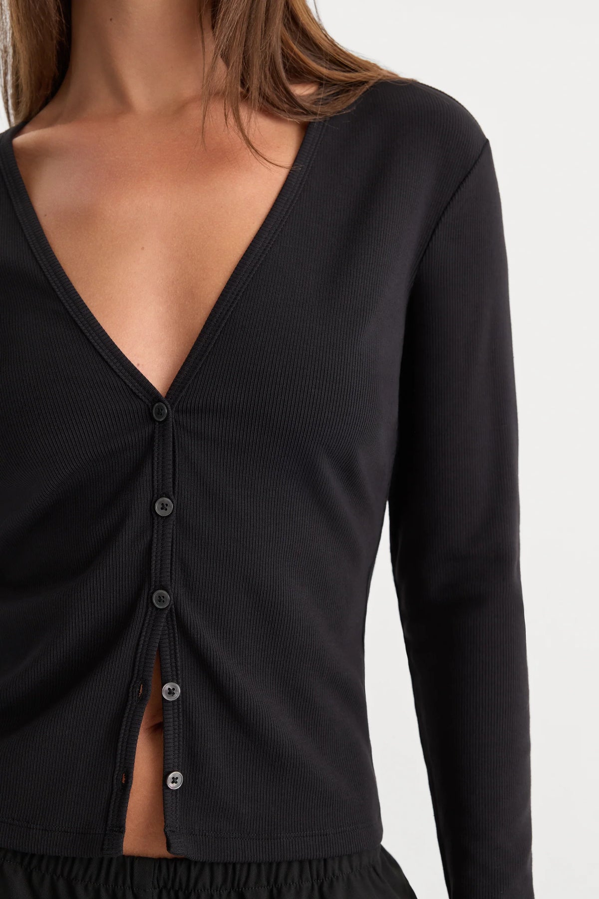 Good American The Rib V Neck Cardigan Black001