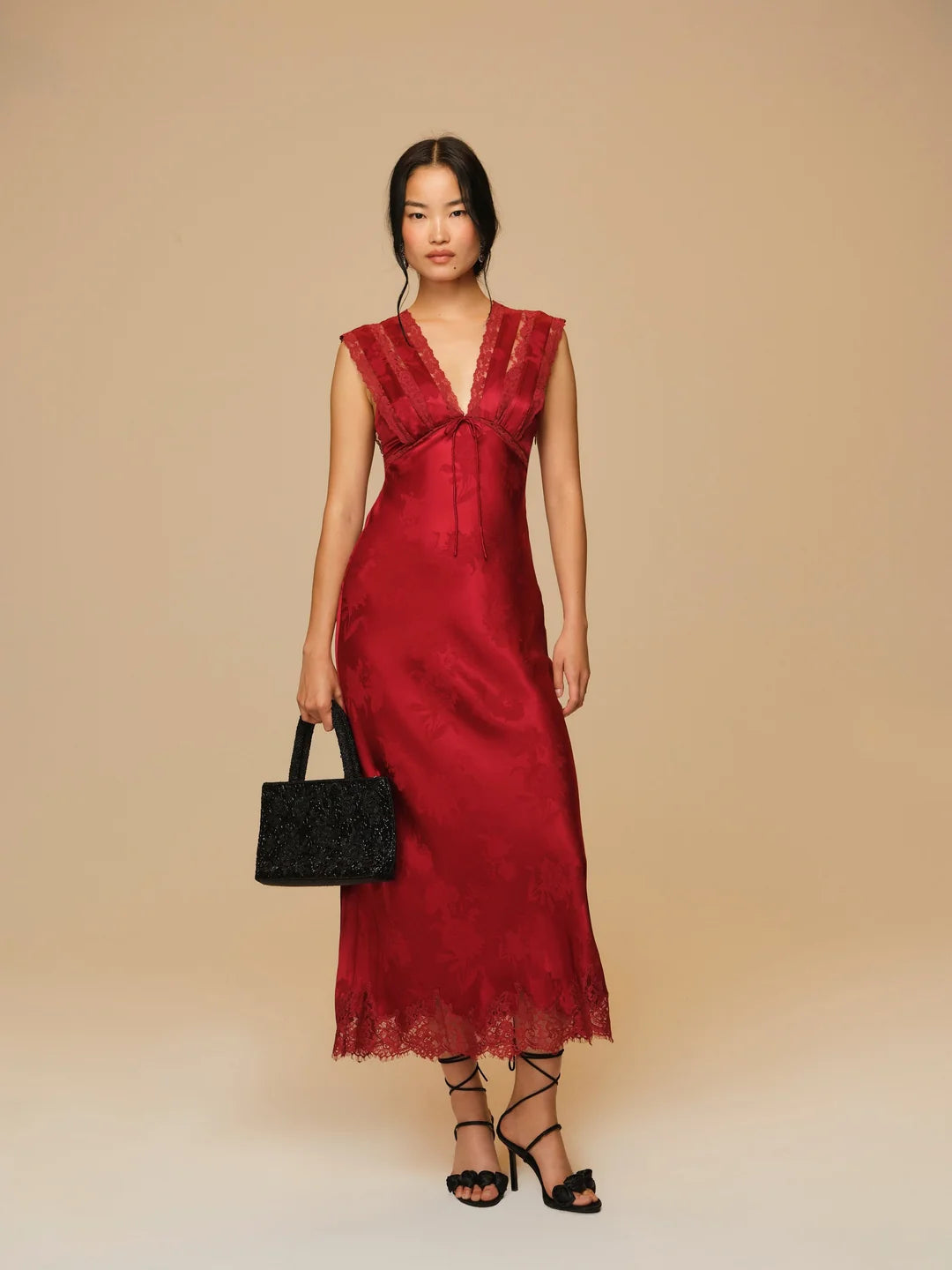 For Love & Lemons Adrift Satin Maxi Dress Red