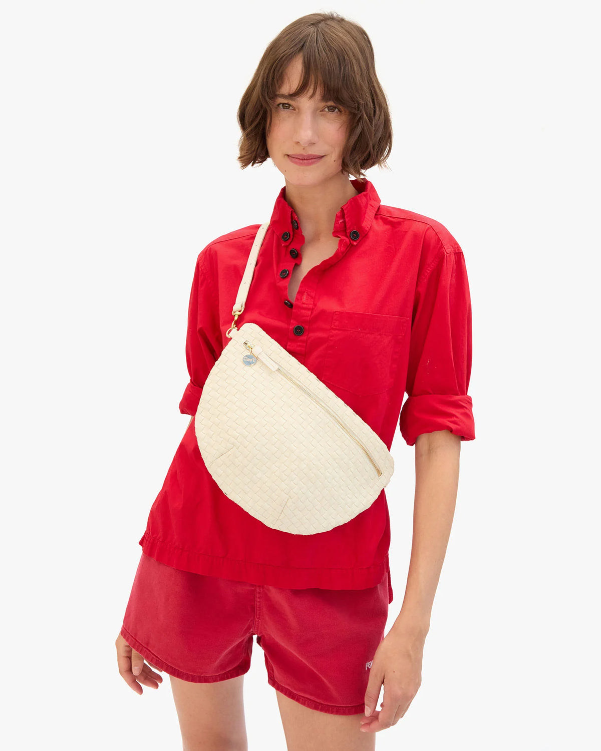 Clare V. Grande Fanny Cream Woven Checker