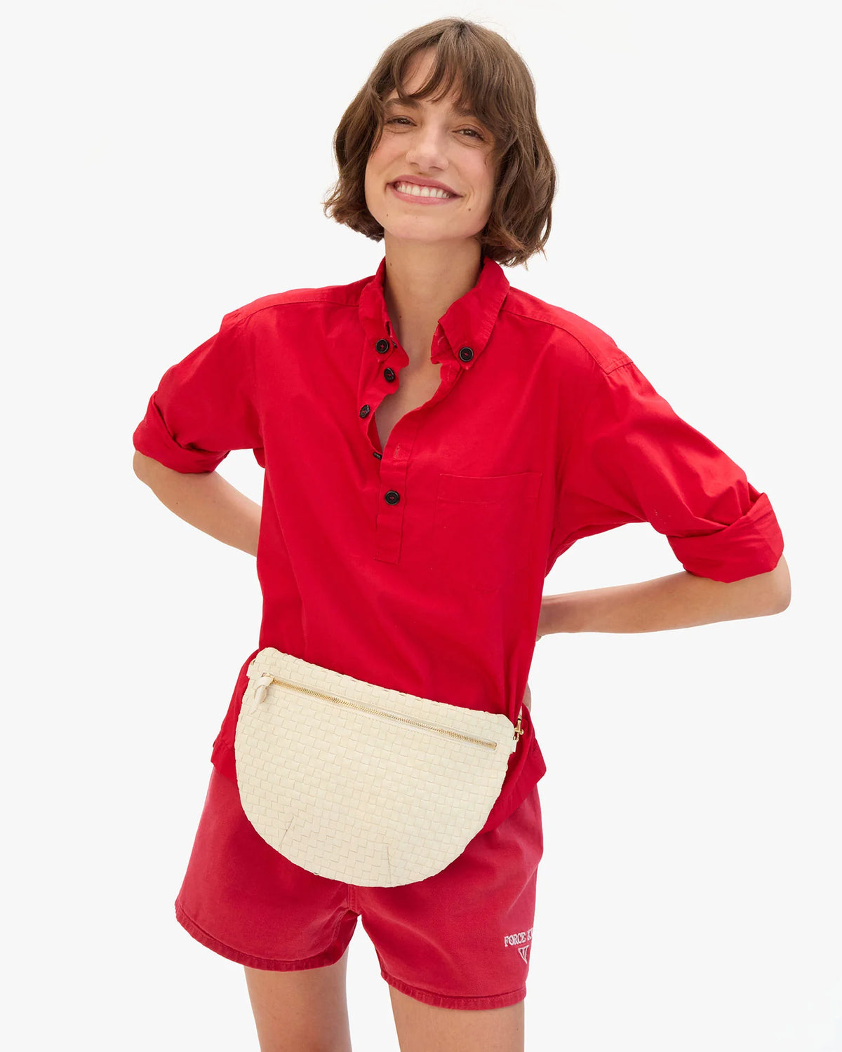 Clare V. Grande Fanny Cream Woven Checker