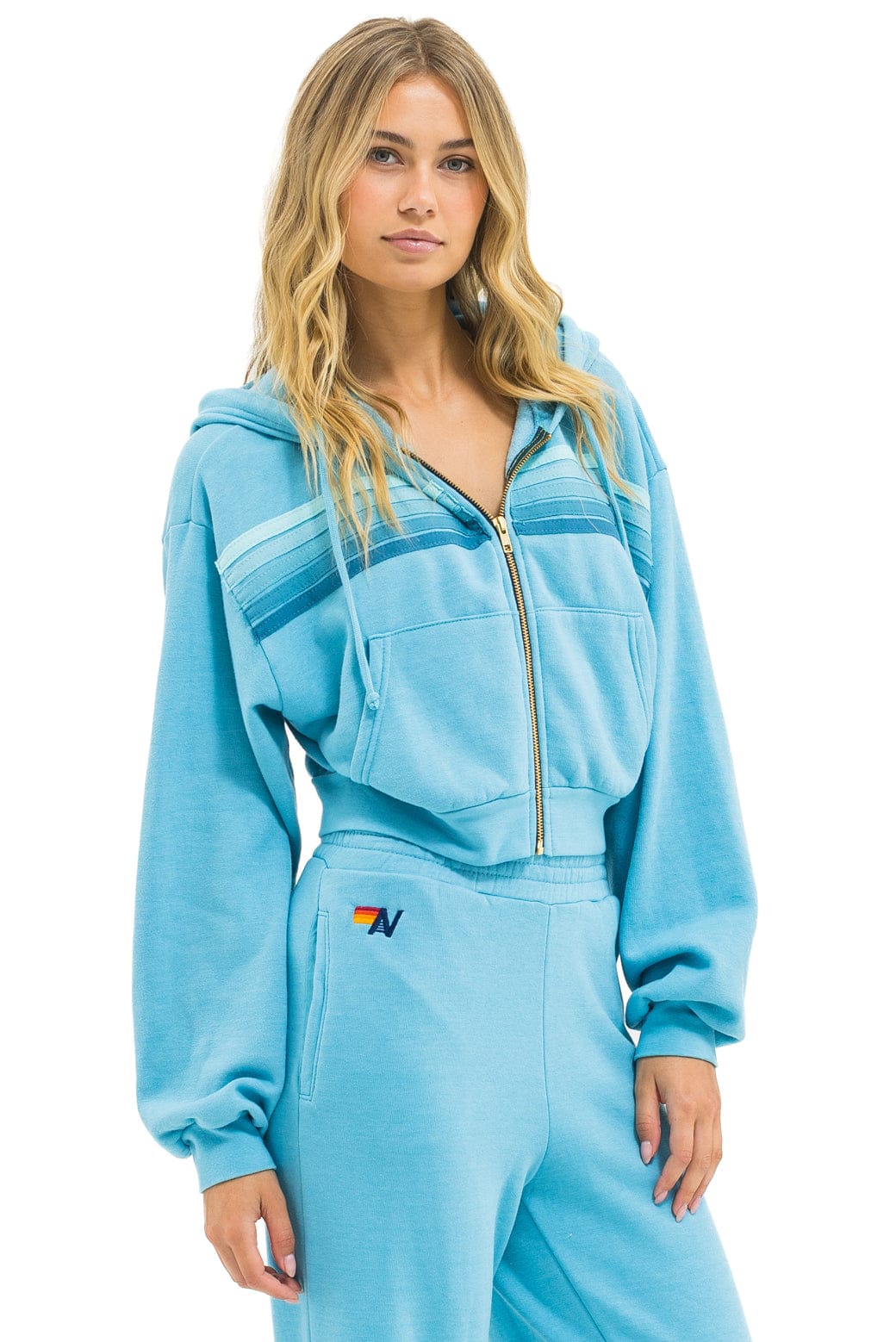 Aviator Nation 5 STRIPE CROPPED ZIP HOODIE RELAXED - AQUA // AQUA