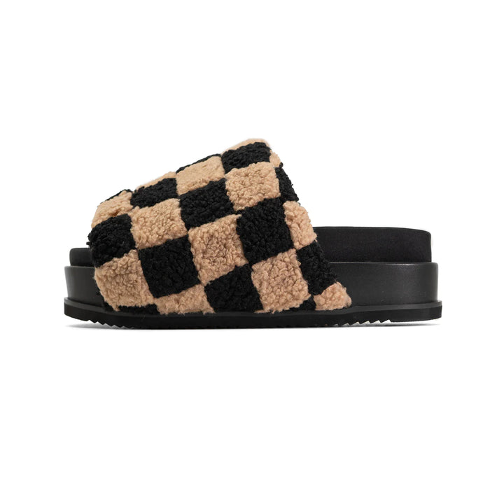 ROAM FUZZY CHECKER STACK PLATFORM BLACK & BEIGE FAUX SHEARLING