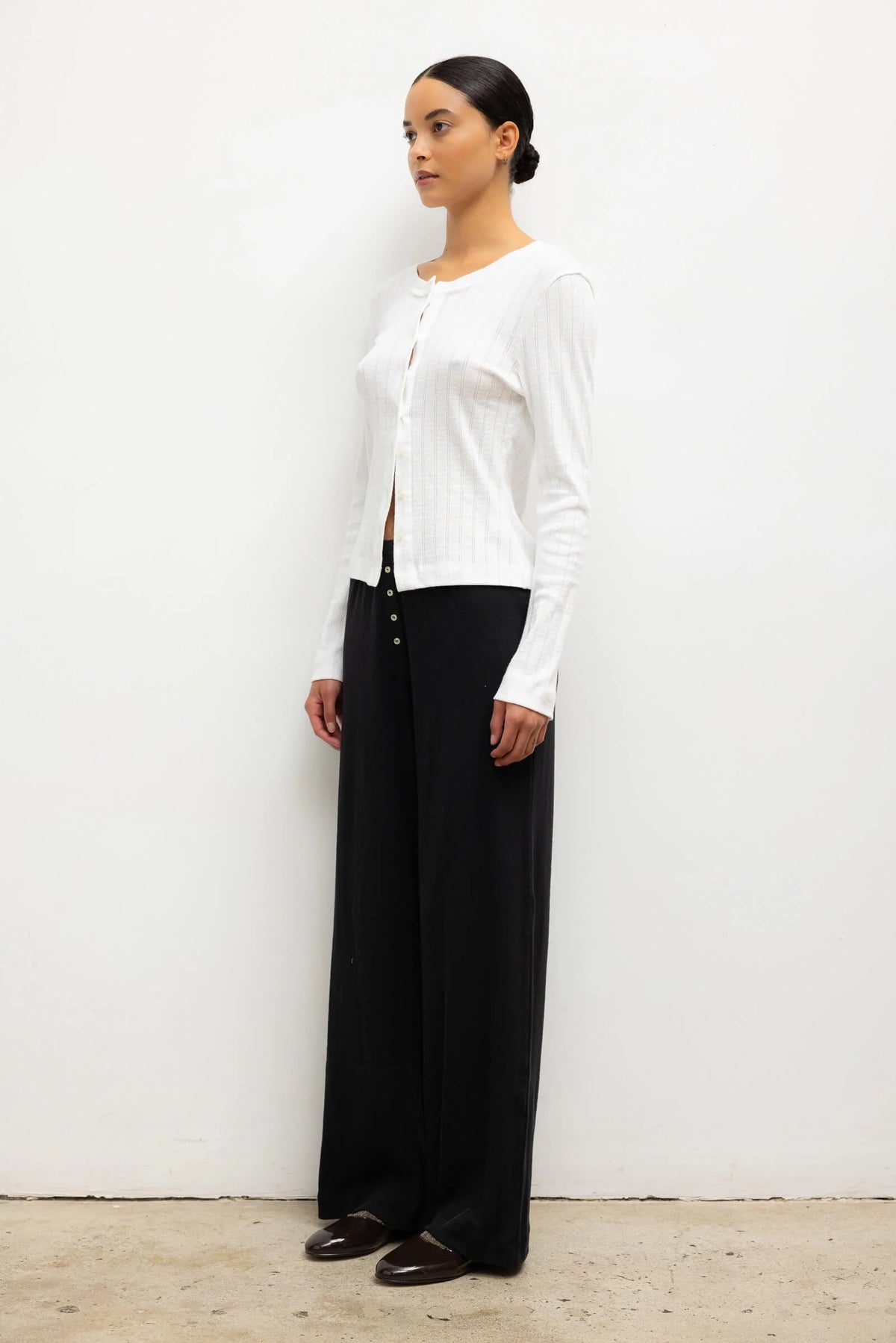 LESET  Pointelle Classic Crew Cardigan- Black