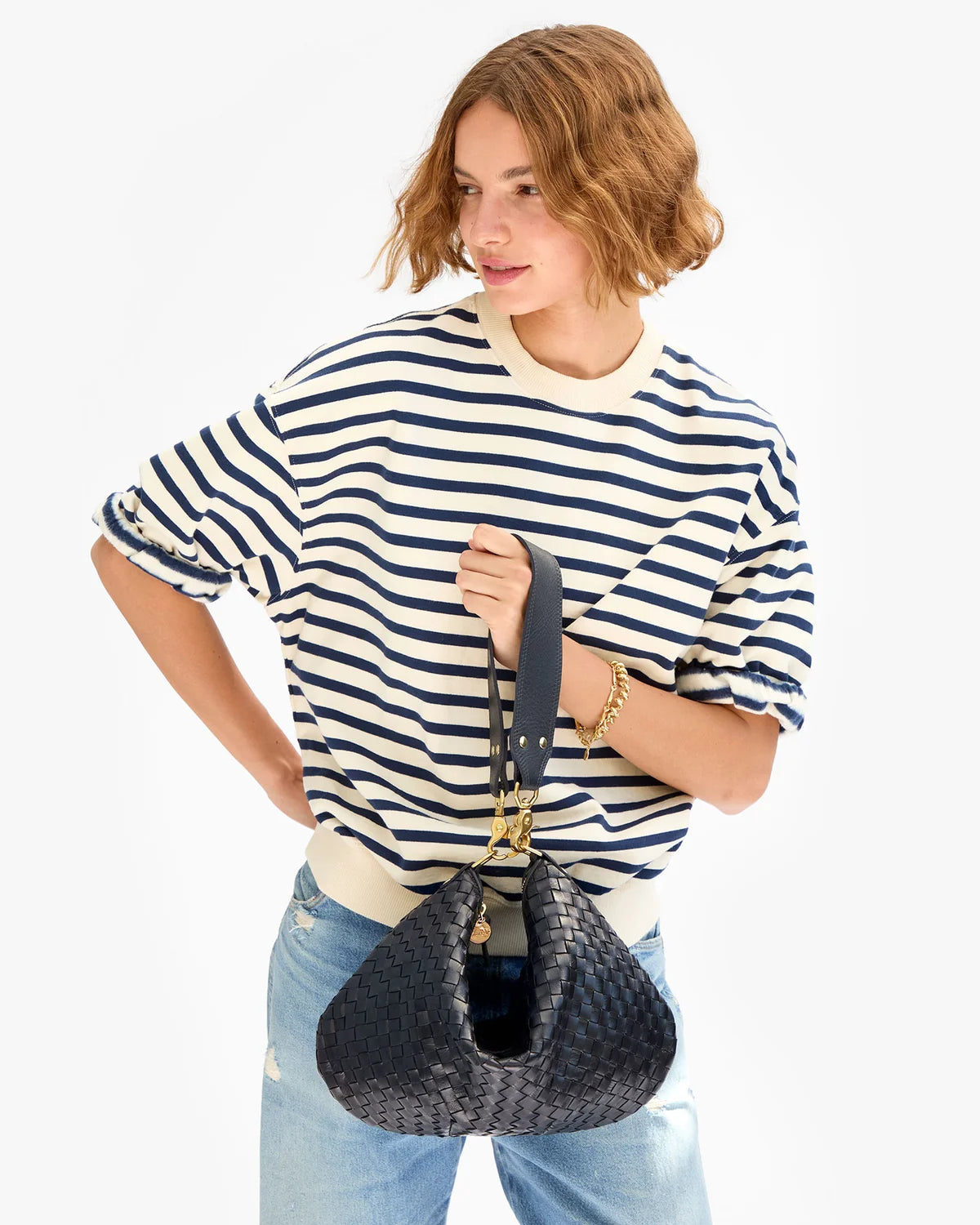 Clare V. Moyen Messenger Twilight Navy Diagonal Woven