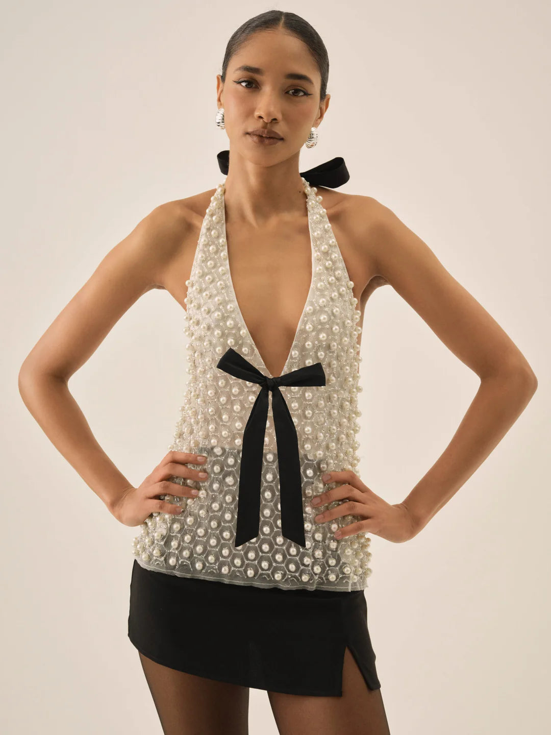 For Love & Lemons Pearly Bow Halter Top