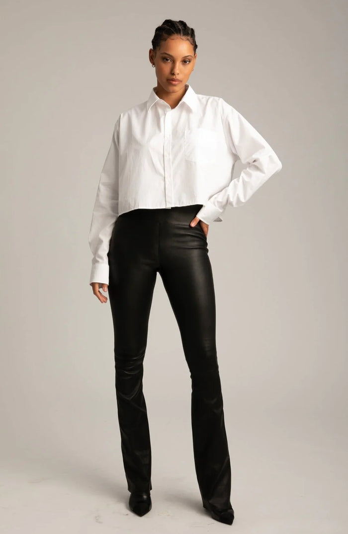 SPRWMN BLACK LEATHER MICRO FLARE PANTS