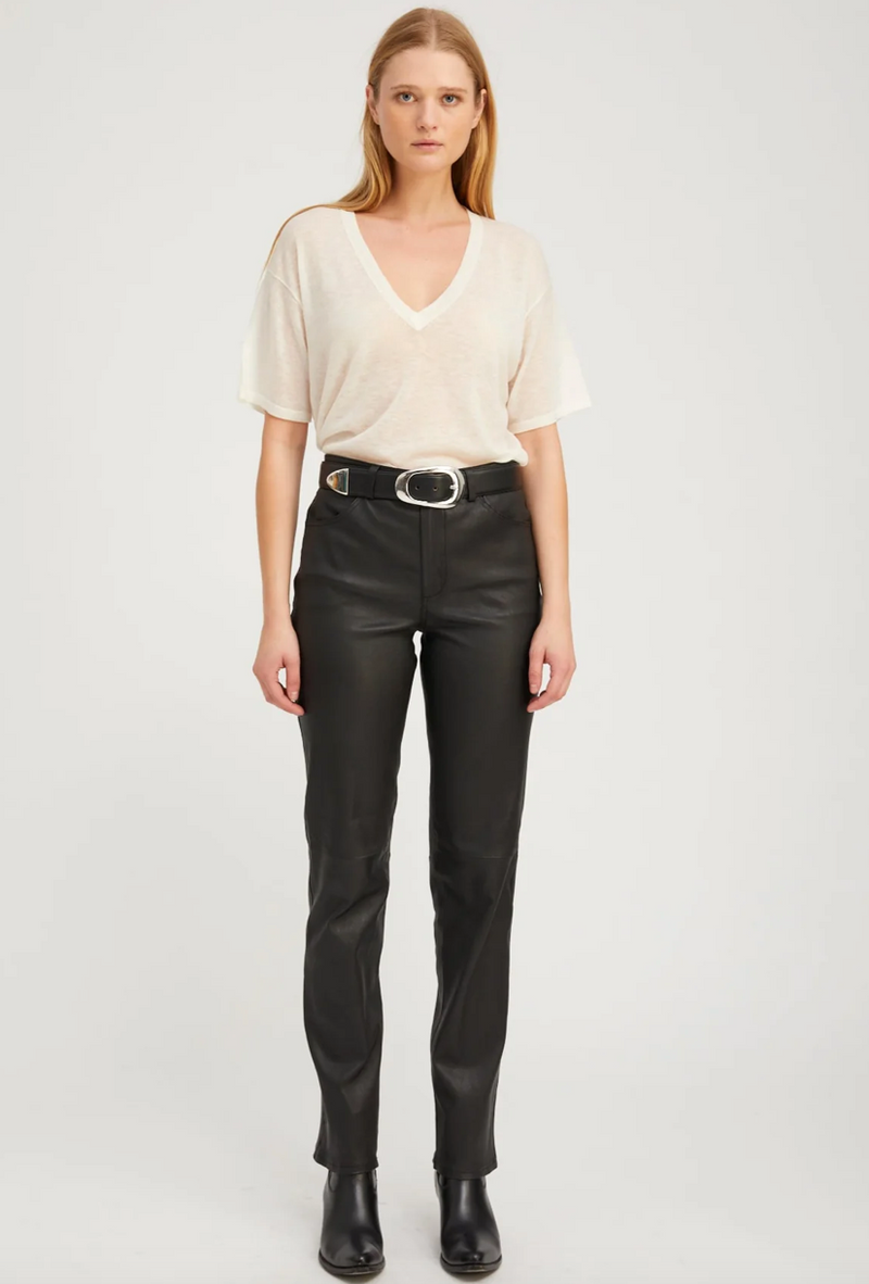 SPRWMN BLACK LEATHER 5 POCKET SLIM STRAIGHT