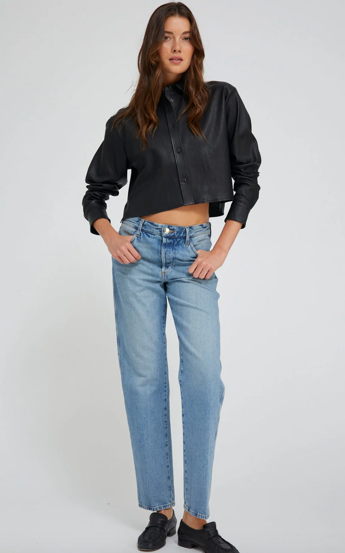 SPRWMN BLACK LEATHER CROPPED BUTTON DOWN