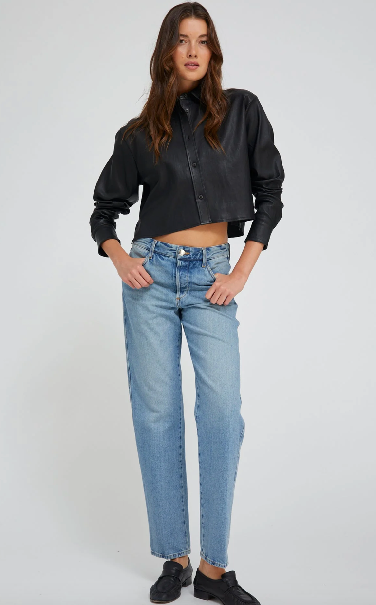 SPRWMN BLACK LEATHER CROPPED BUTTON DOWN