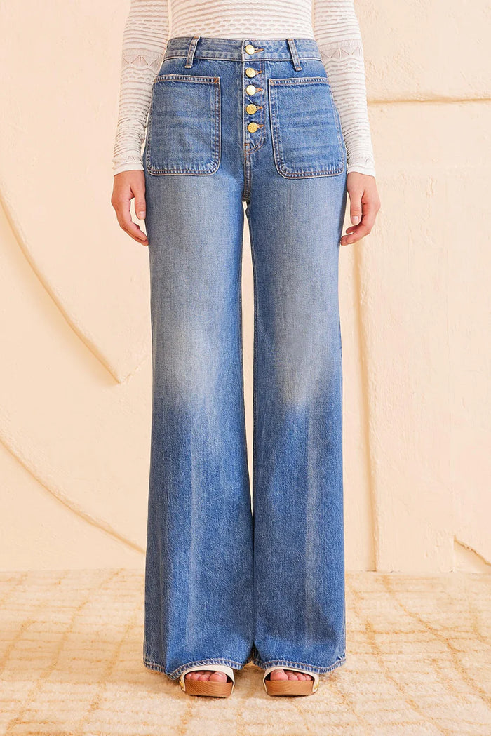 ULLA JOHNSON The Gwynne Jean Flare Wide Leg High-Rise Button Denim- Danube