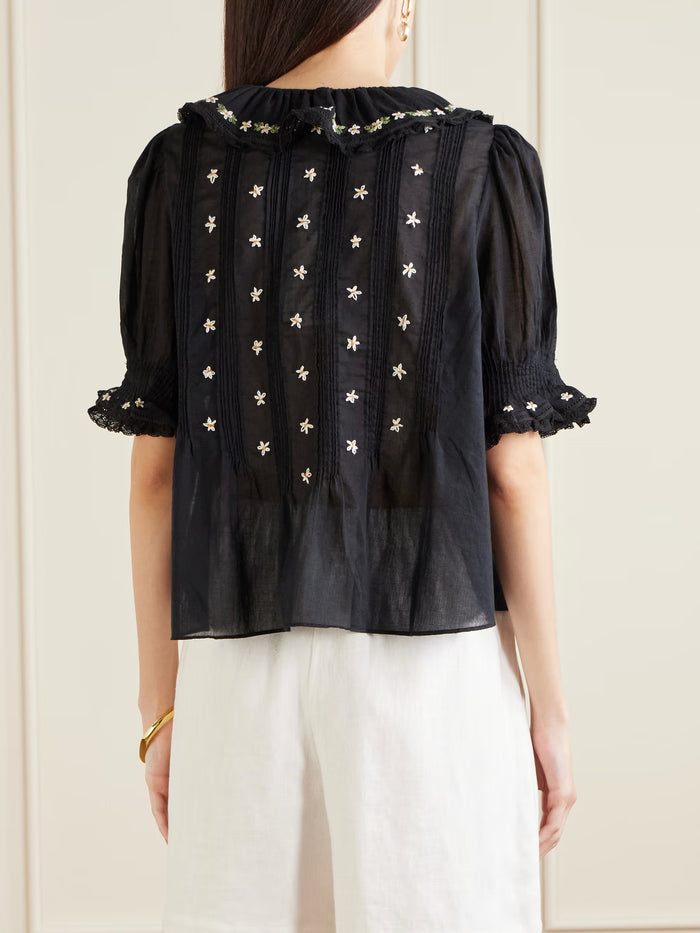 Dôen Hettie Black lace-trimmed embroidered organic cotton-voile blouse