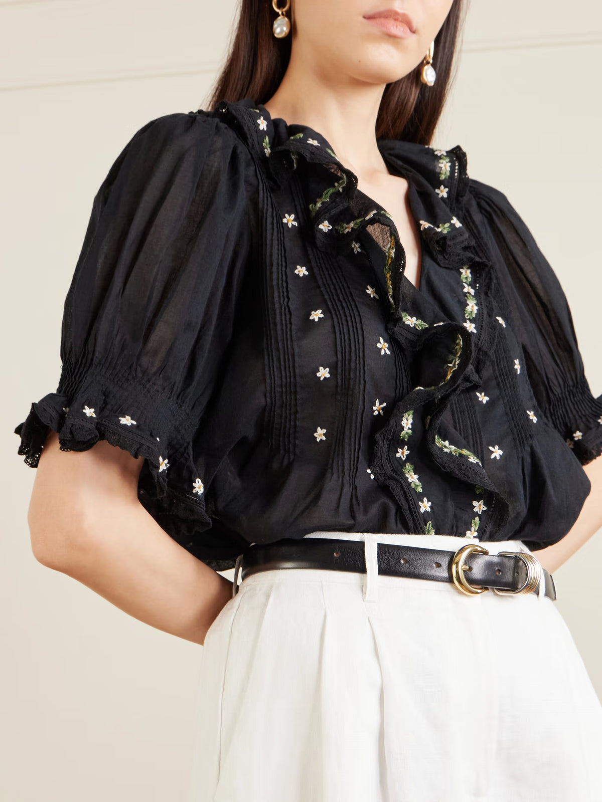 Dôen Hettie Black lace-trimmed embroidered organic cotton-voile blouse