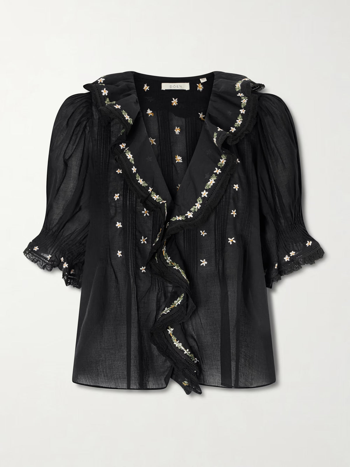 Dôen Hettie Black lace-trimmed embroidered organic cotton-voile blouse