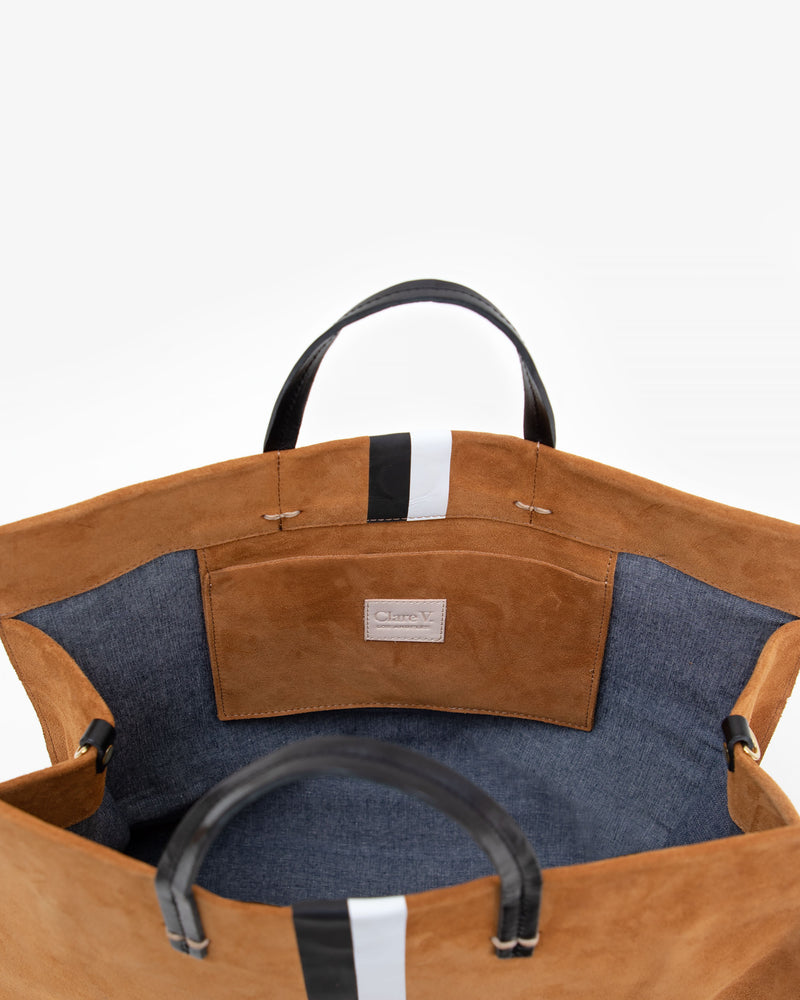 Clare V. Simple Tote Camel Suede With Stripes